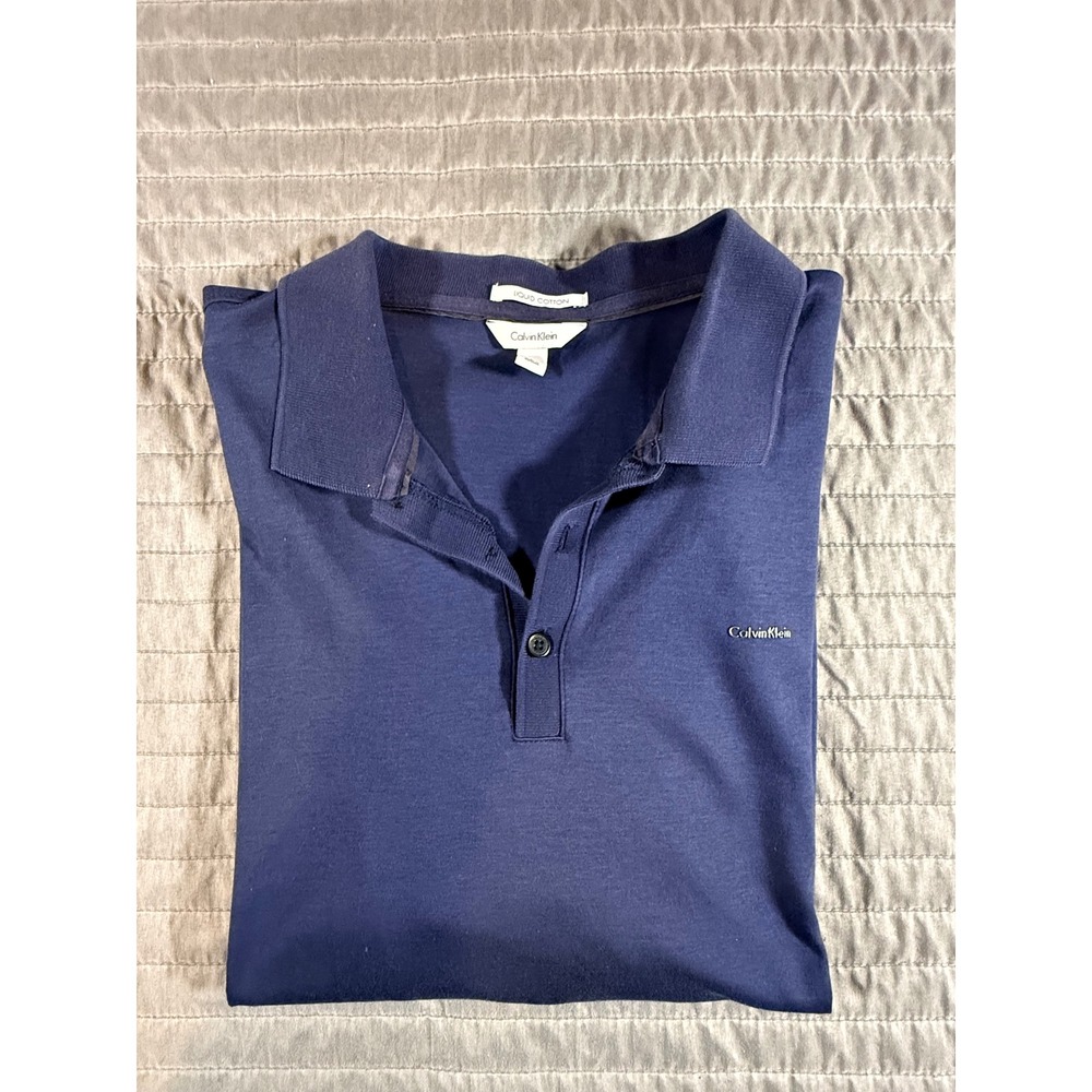 Calvin Klein Liquid Cotton Polo Shirt Mens‎ Large Blue Short Sleeve Logo Top